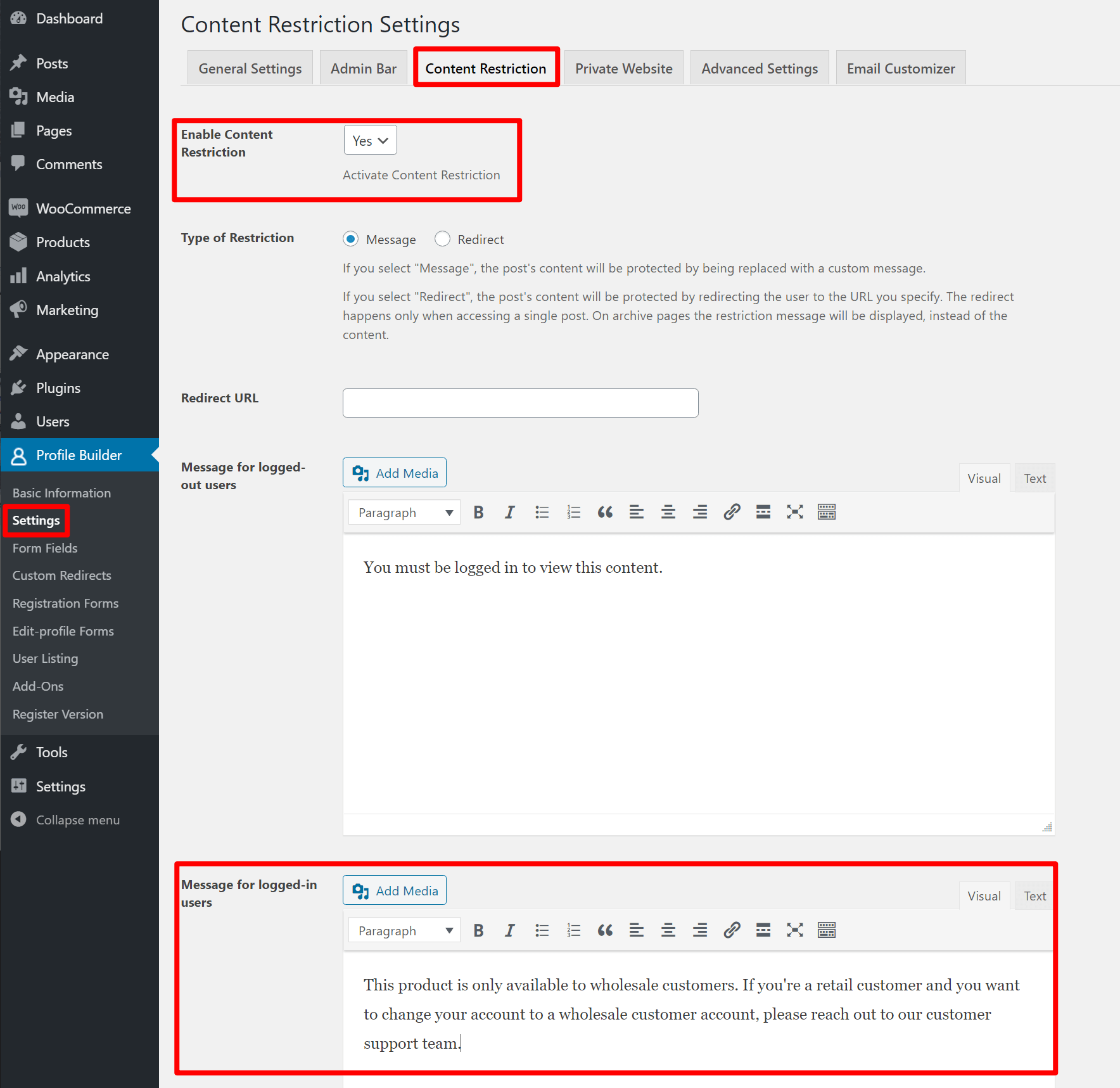 Configure restriction message