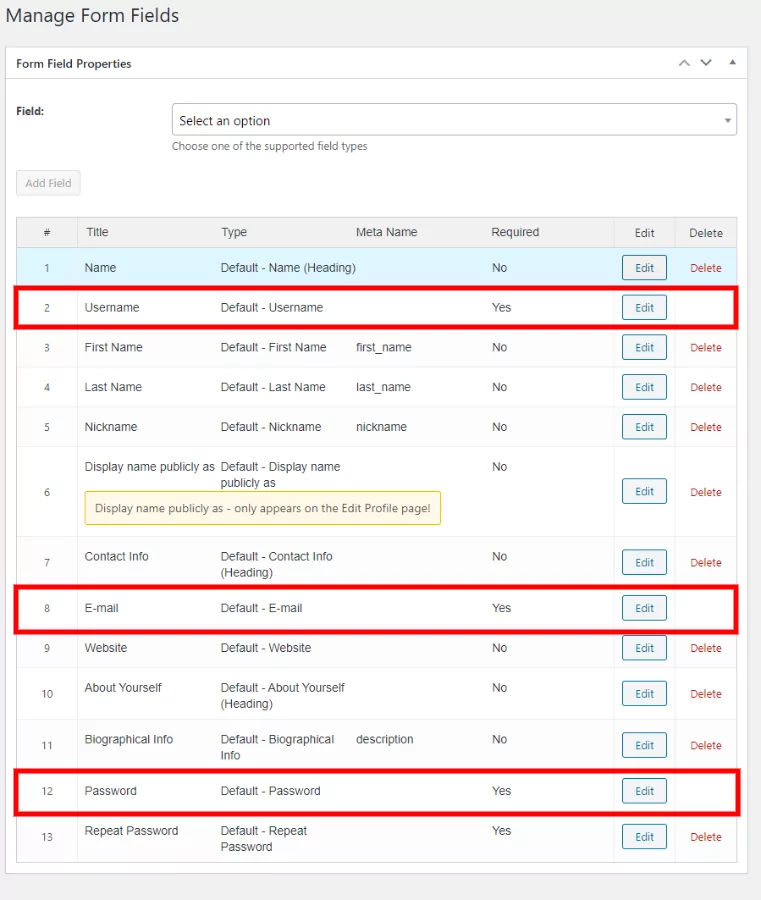 Form fields for our WordPress register page