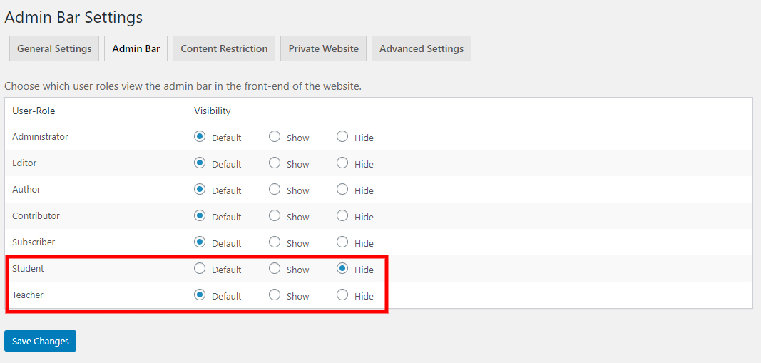 Hide admin bar from students show for teachers