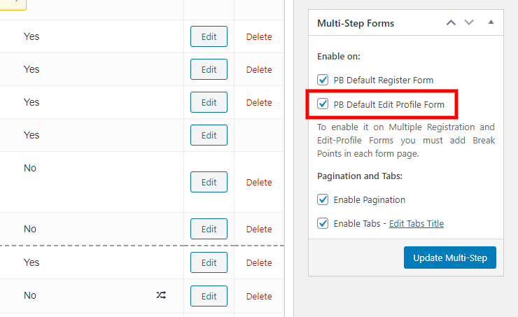 Enabling WordPress multi-step form settings for profiles