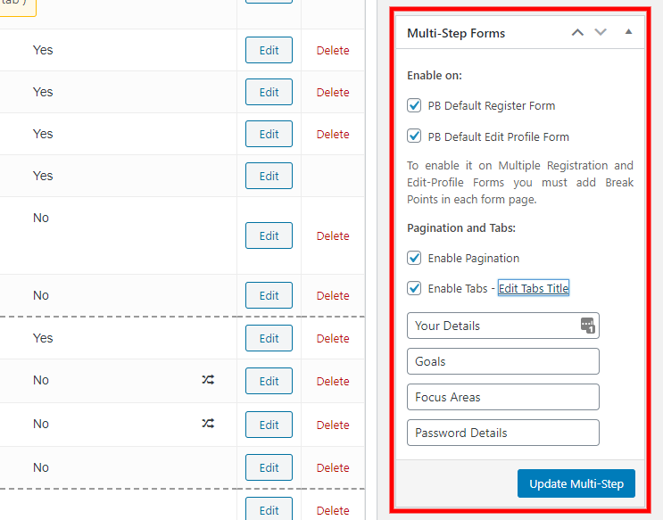 Multi-step form settings