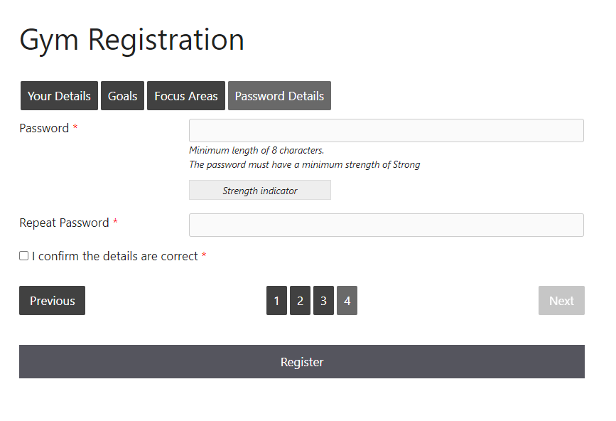 Password settings in a WordPress multi-step form