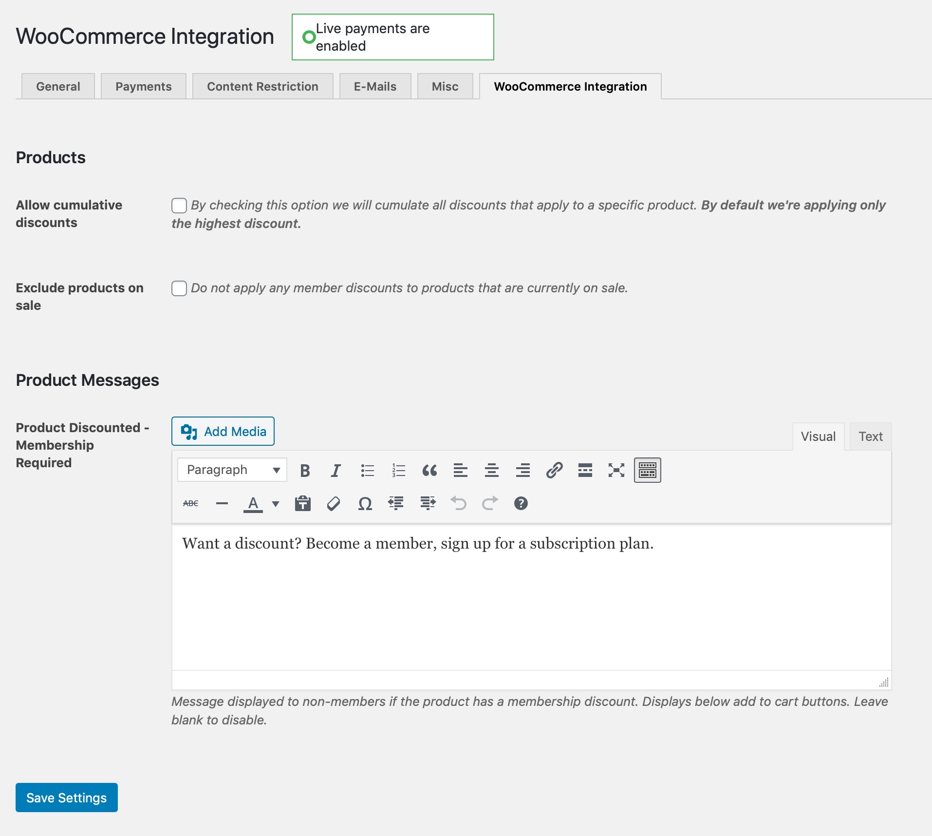 Screenshot of WooCommerce membership integration options