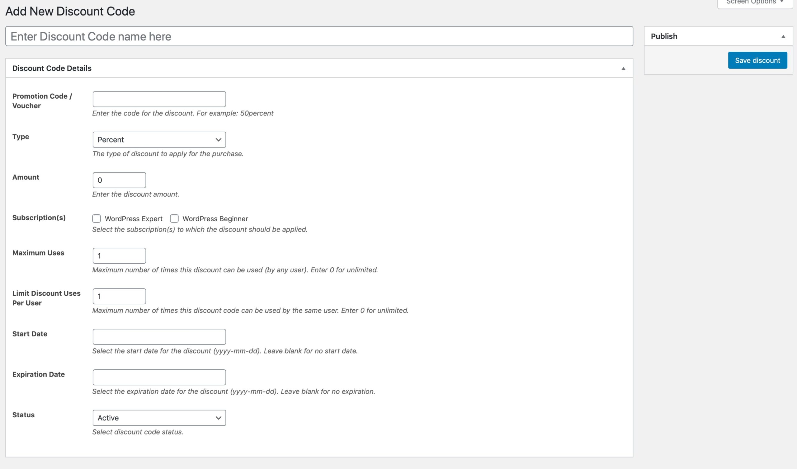 Screenshot of the discount code for members settings