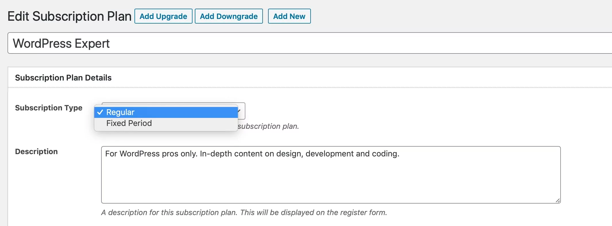 Screenshot of the fixed membership period options