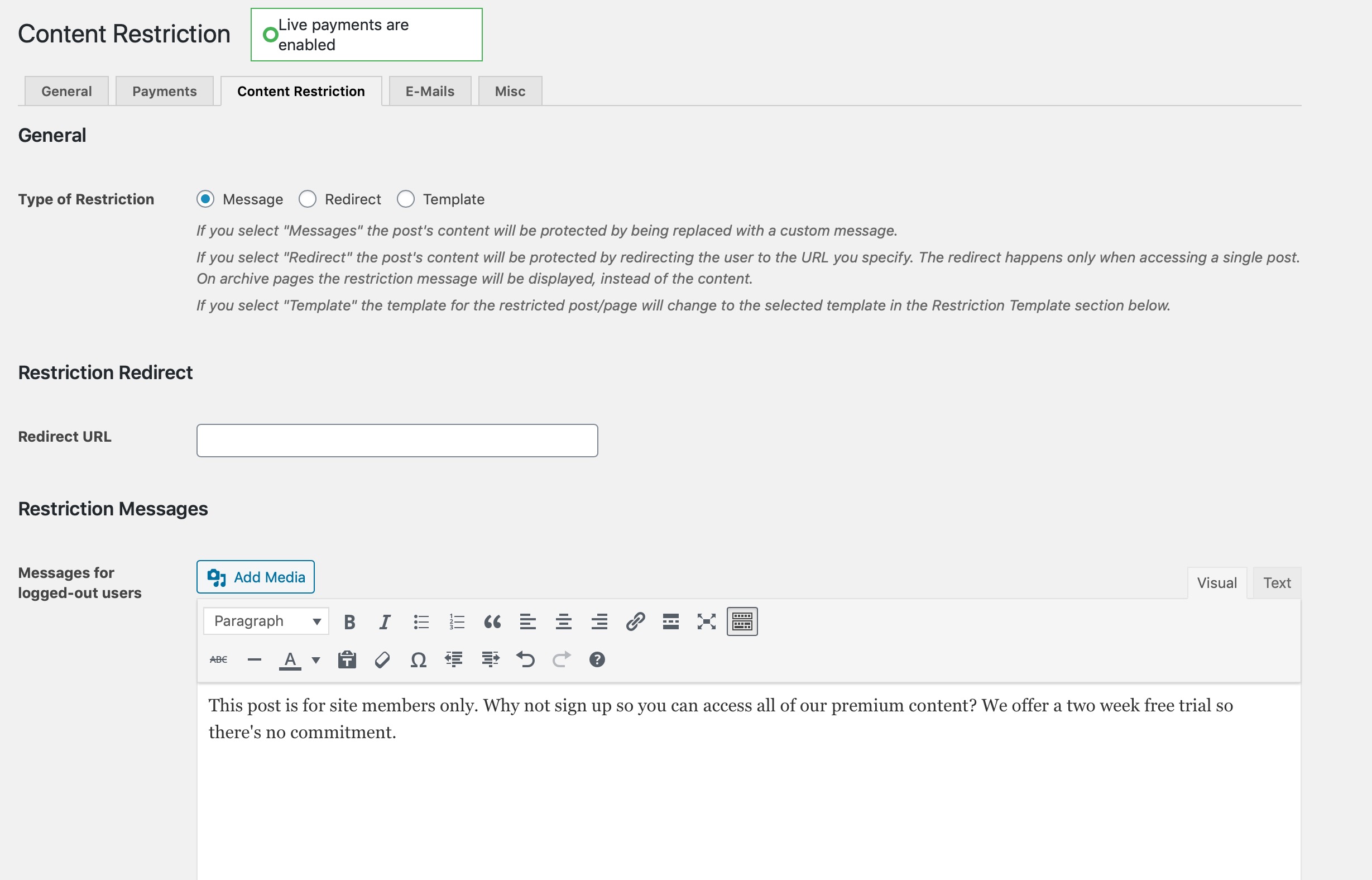 Screenshot of the logged out message options page