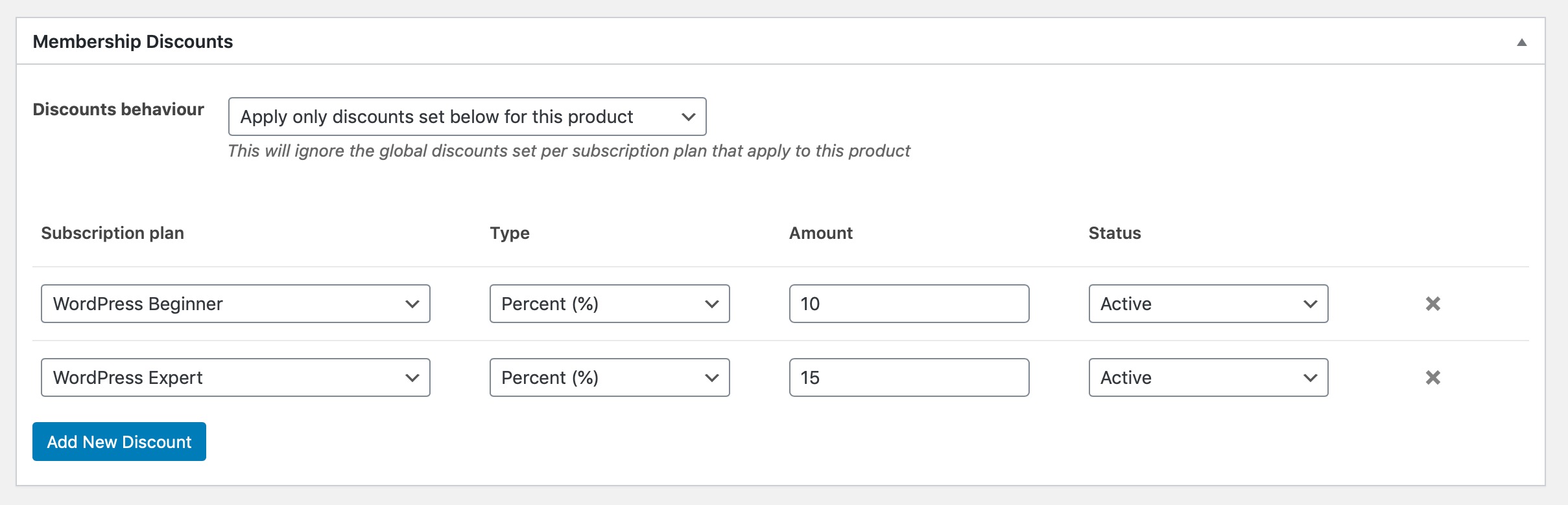Screenshot of the discount options settings