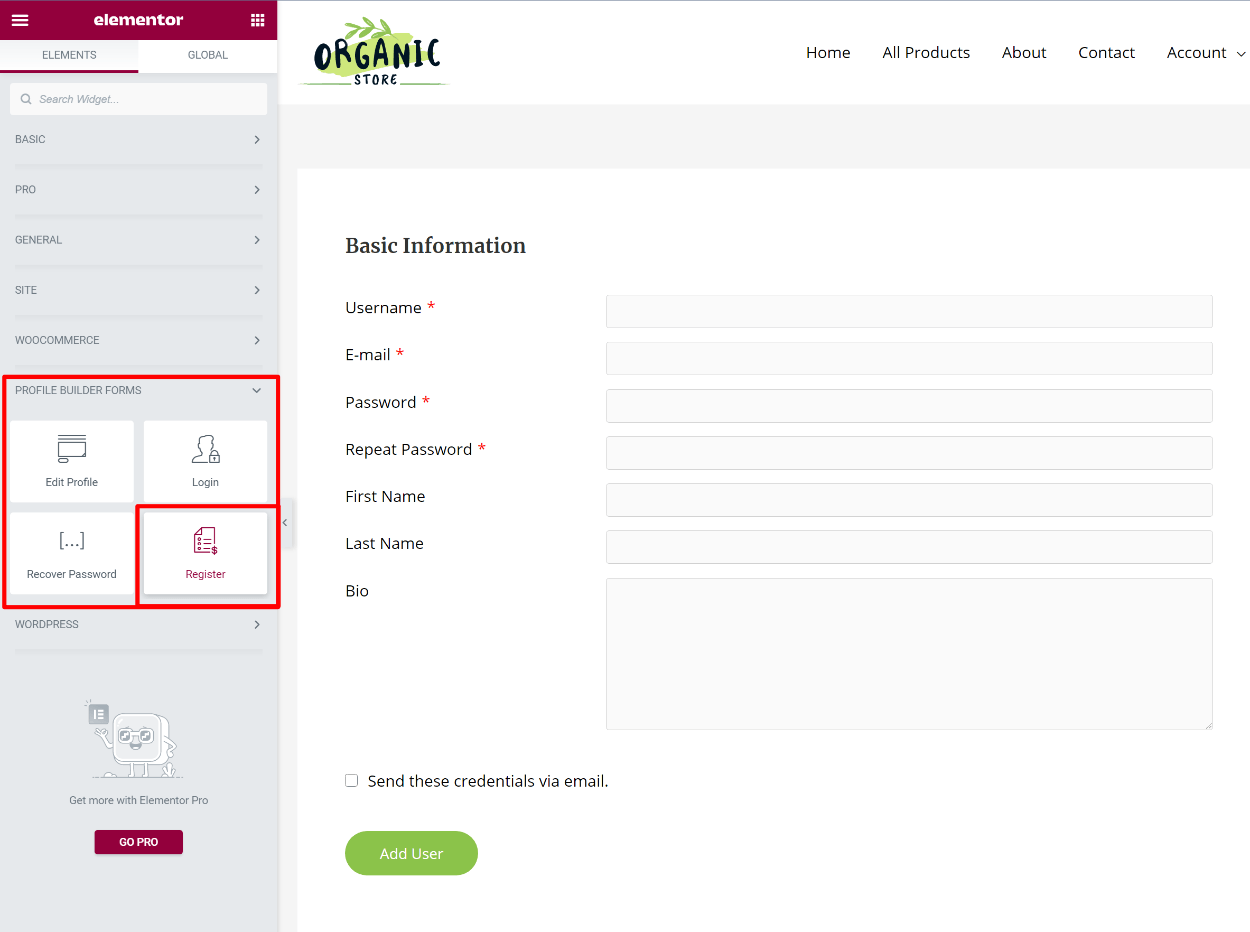 The Profile Builder Elementor register form widget