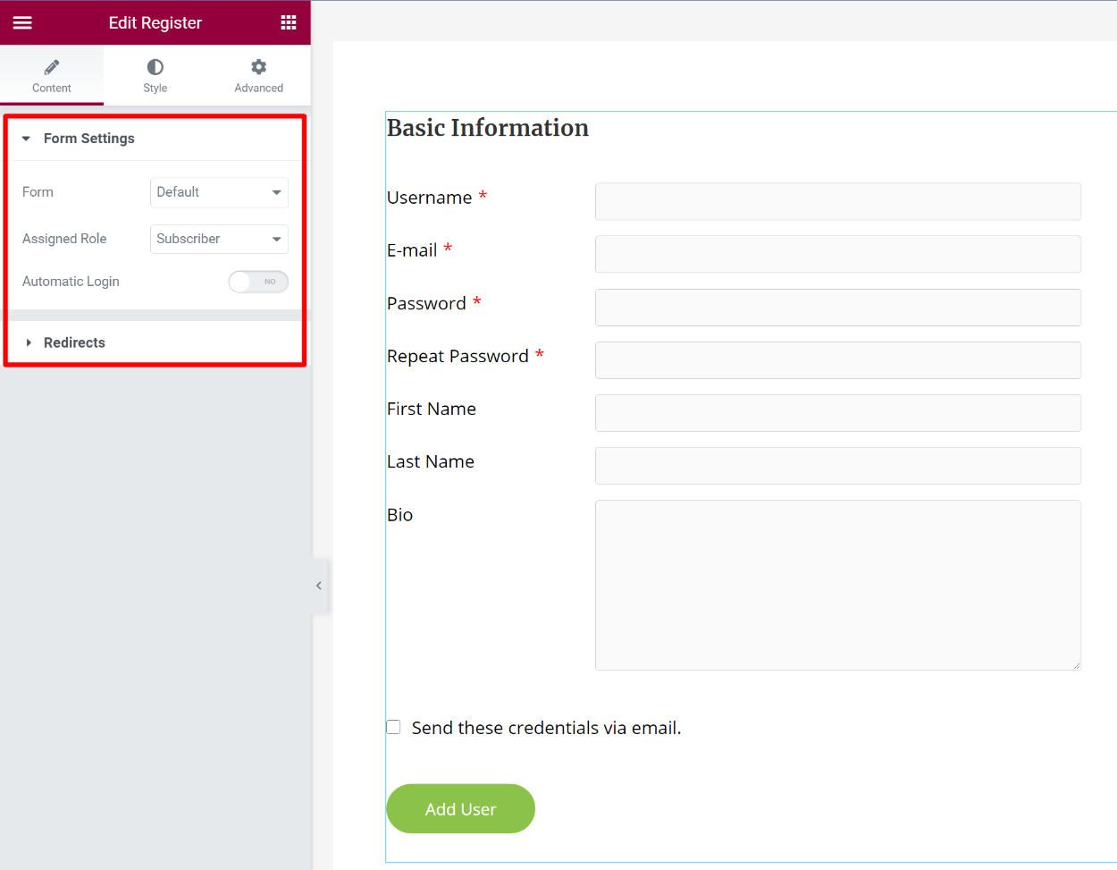 Customizing the Elementor register form widget