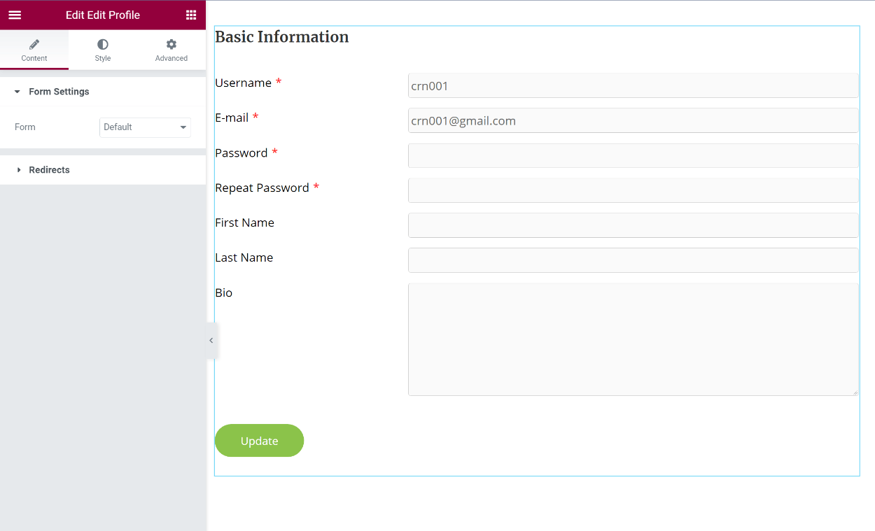 Elementor edit profile widget
