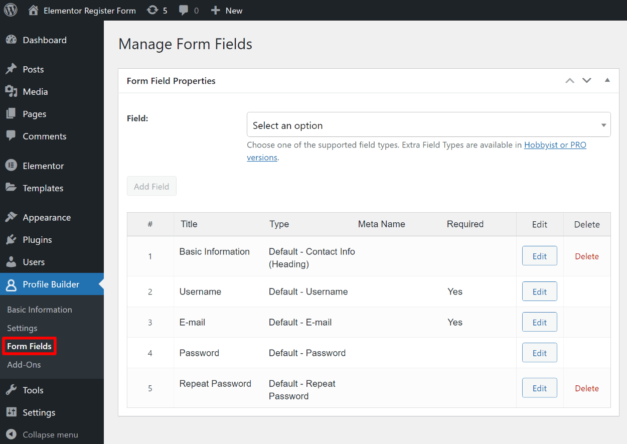 Edit form fields