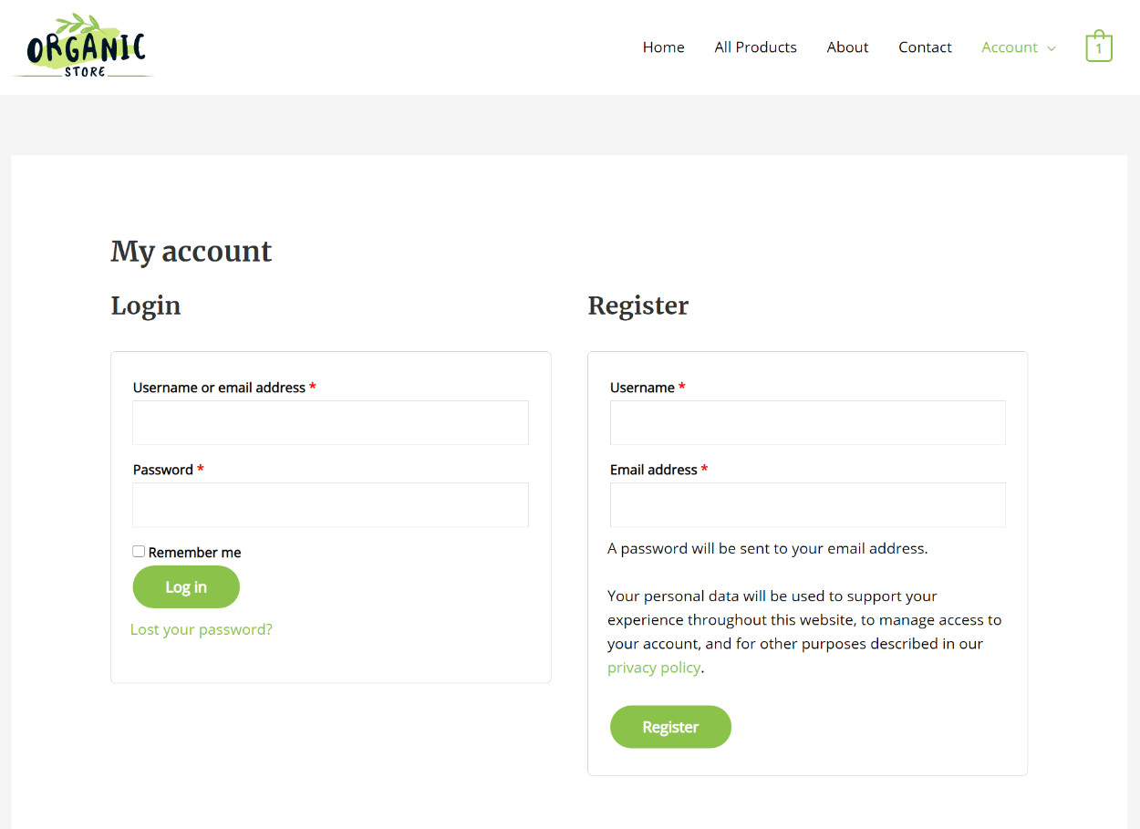 default WooCommerce registration