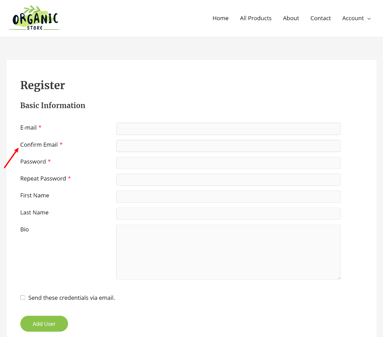 Example WordPress register form