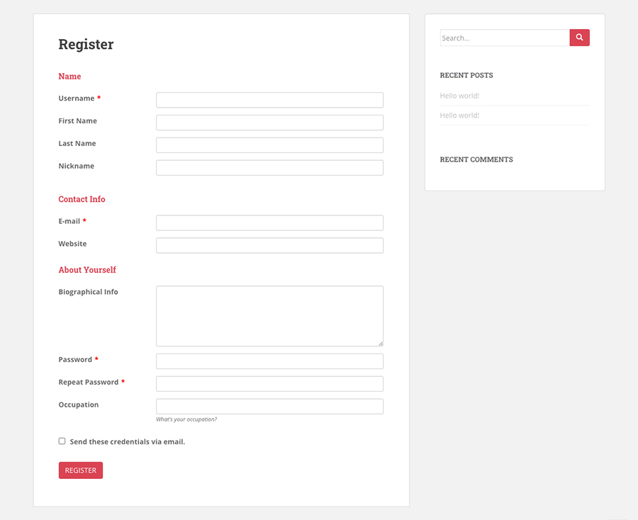 Registration form on the front-end