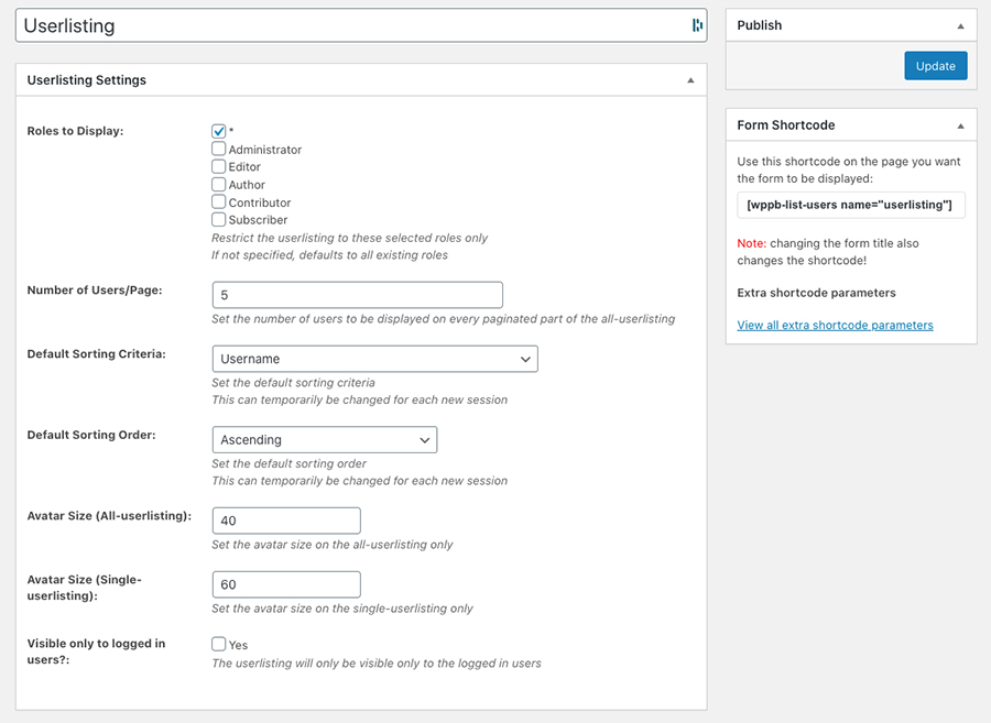 Setting up user listing settings