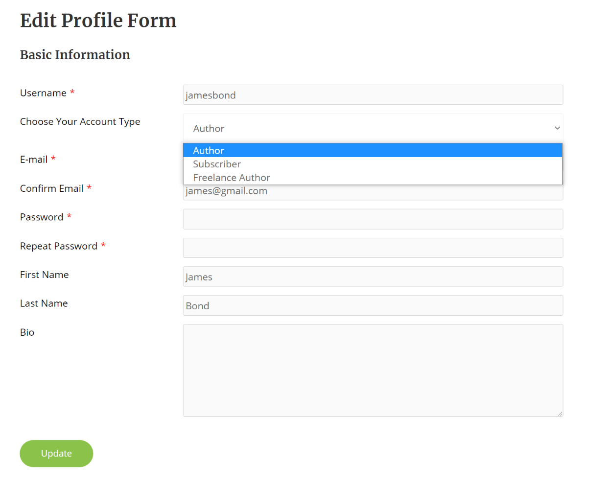 Edit profile forms