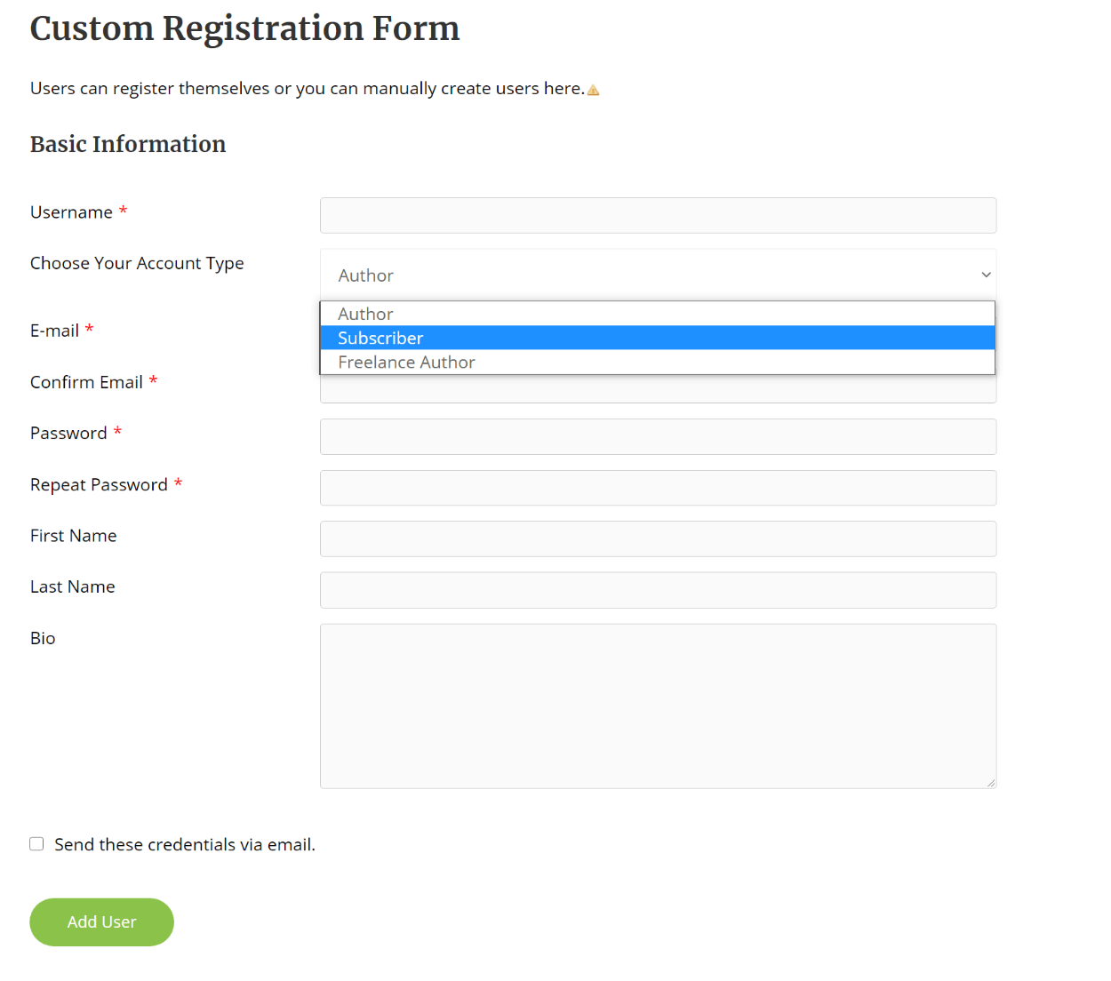 Front-end registration form