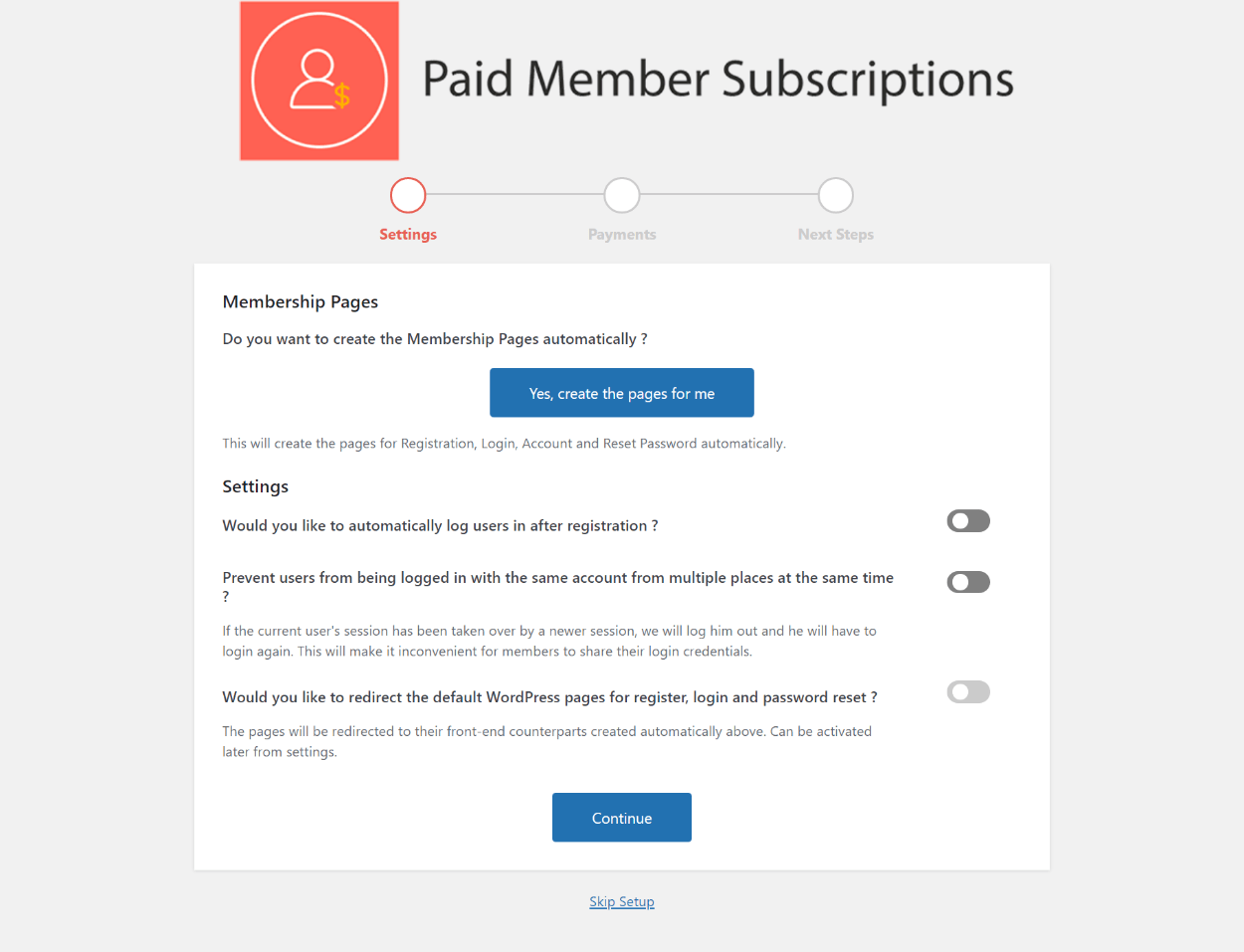 Paid Member Subscriptions setup wizard