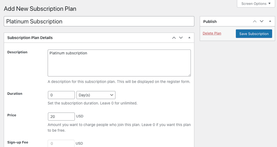 Creating a subscription plan