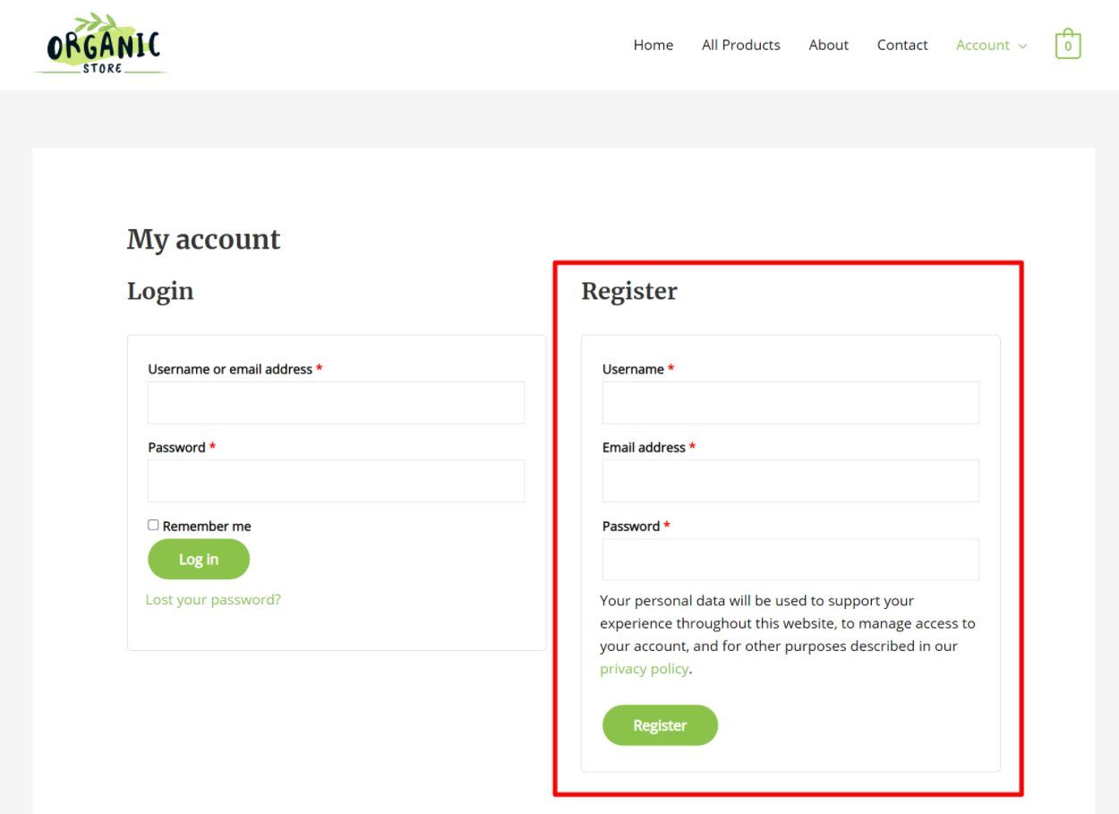 The default WooCommerce register page form