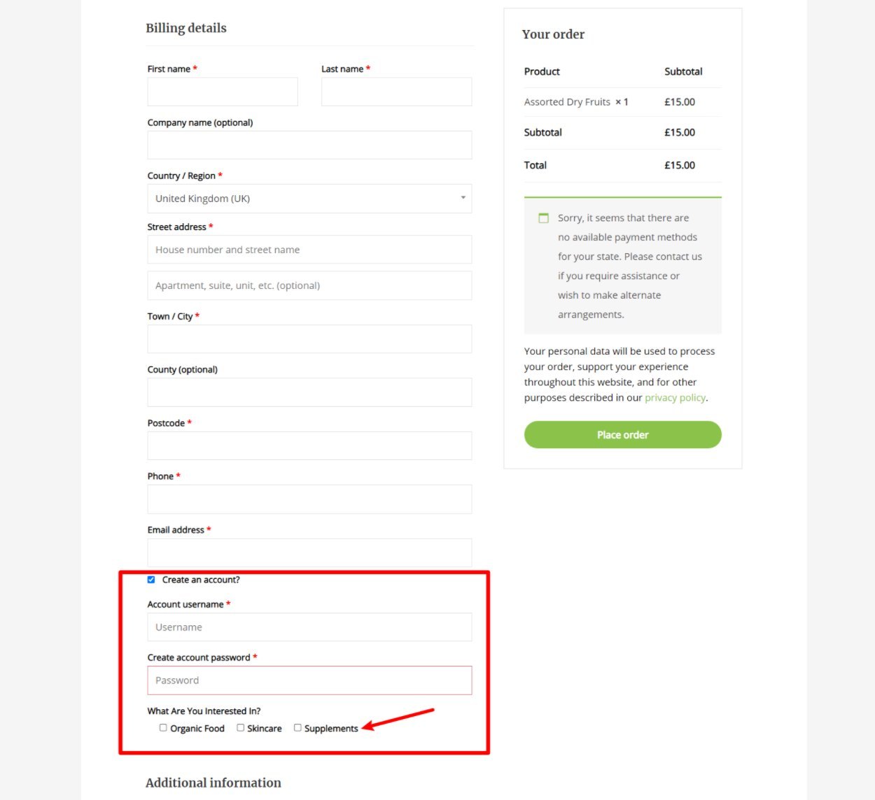 New fields on WooCommerce checkout page for registration