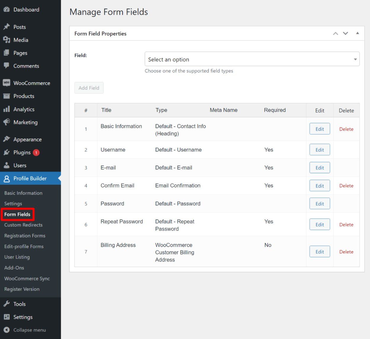 Customizing the register fields