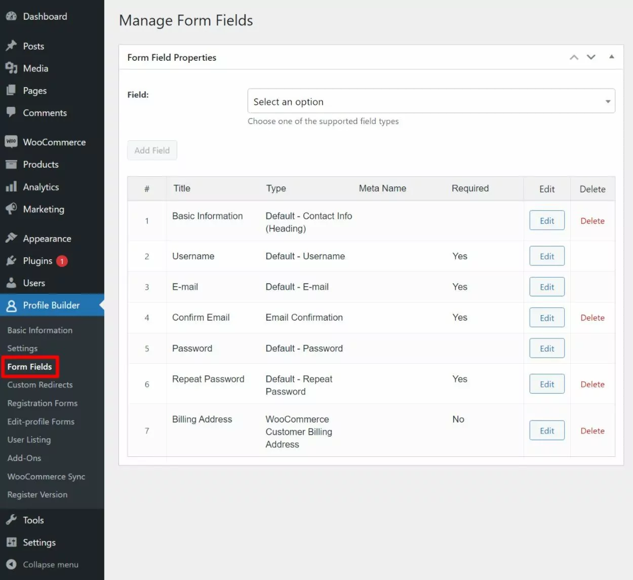 Customizing the register fields