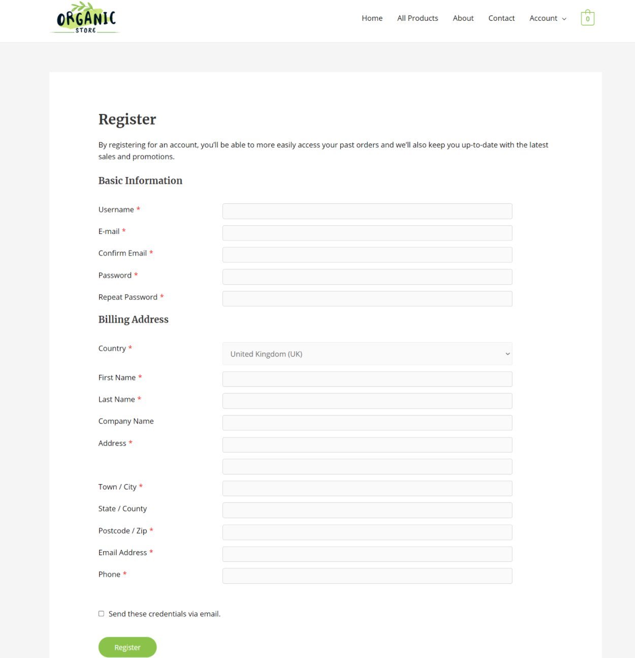 Example of a custom WooCommerce register page
