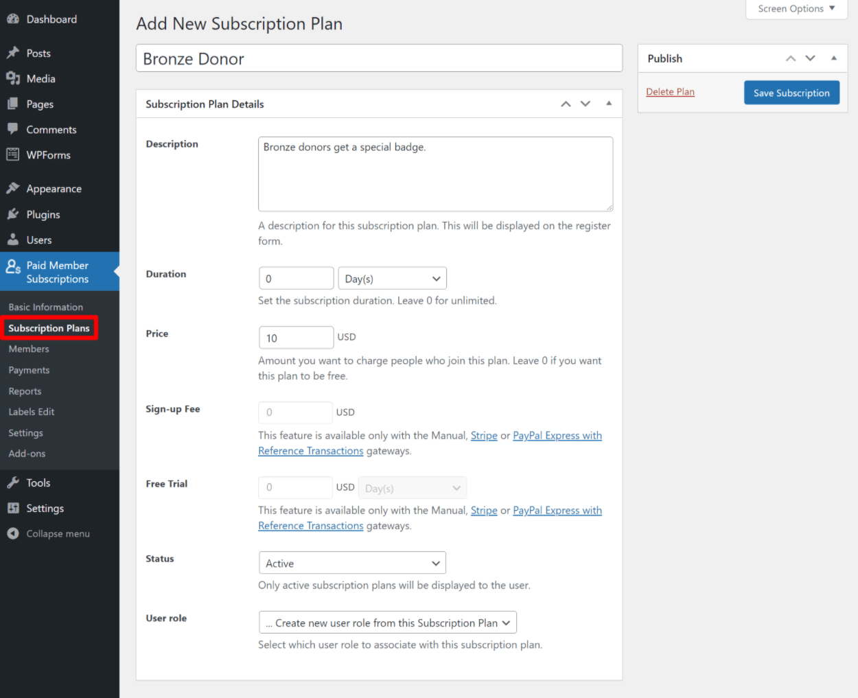 Create donation level