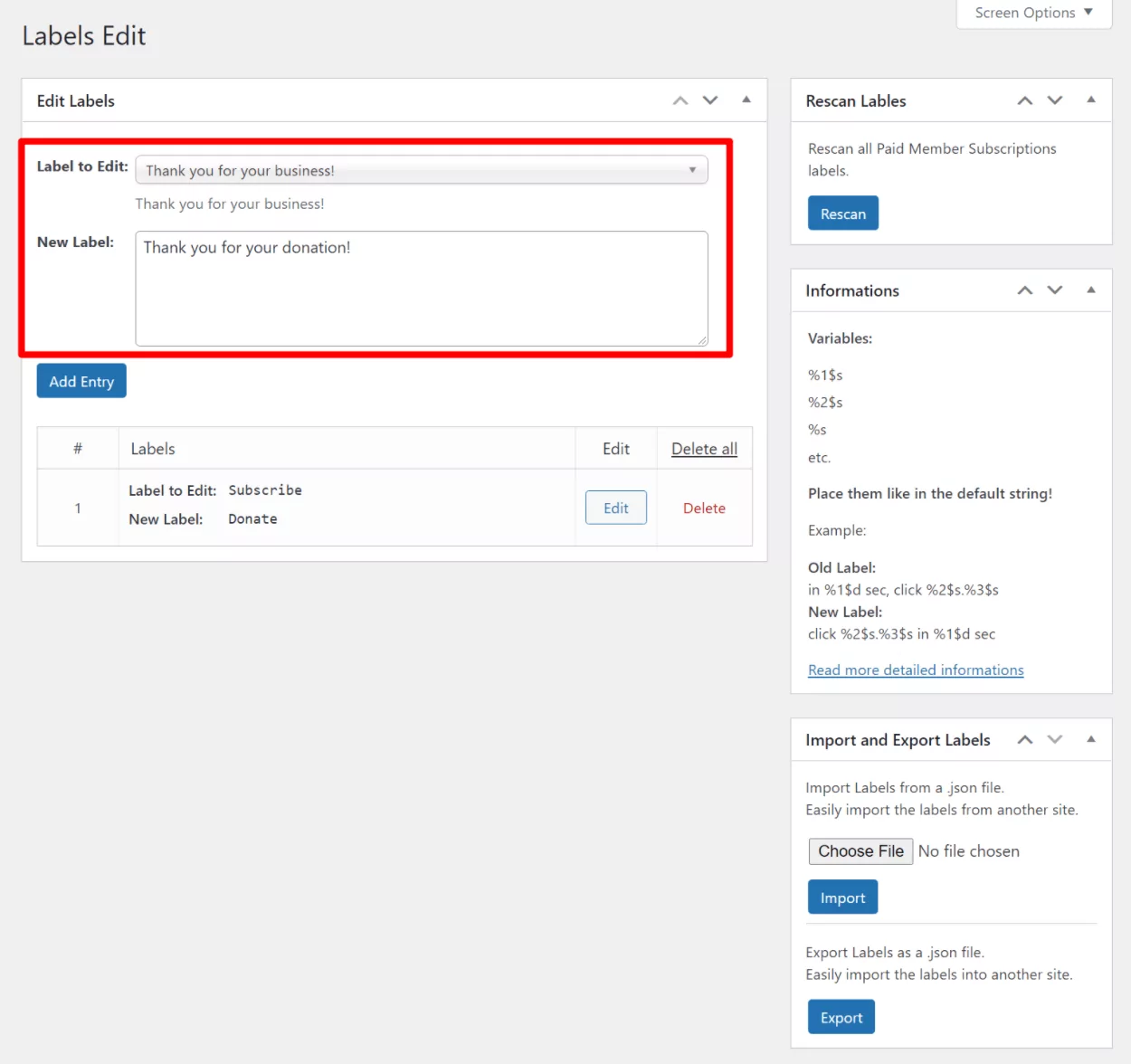 Edit labels in WordPress PayPal Donation plugin