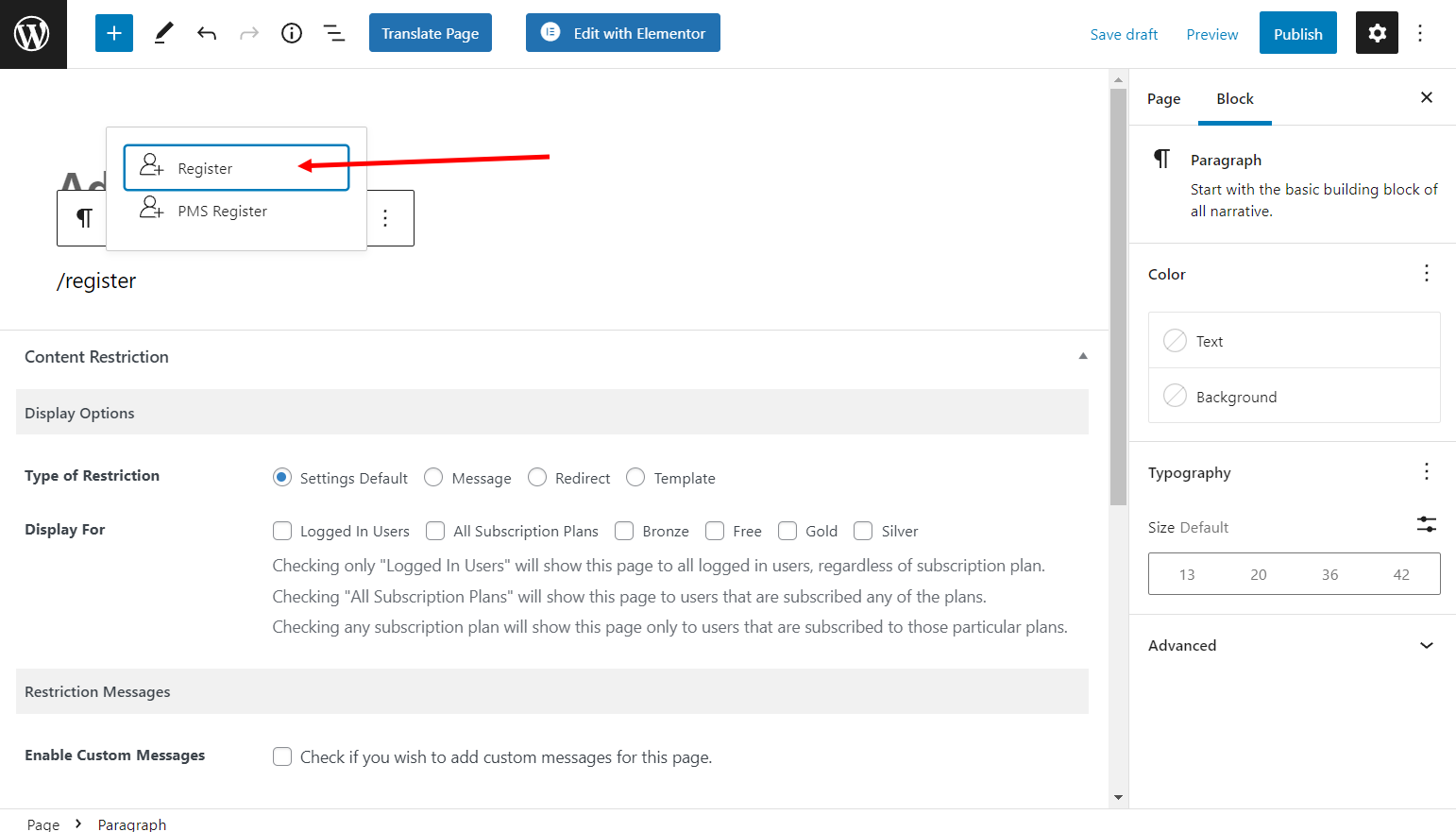 Profile Builder Register block in Gutenberg editor