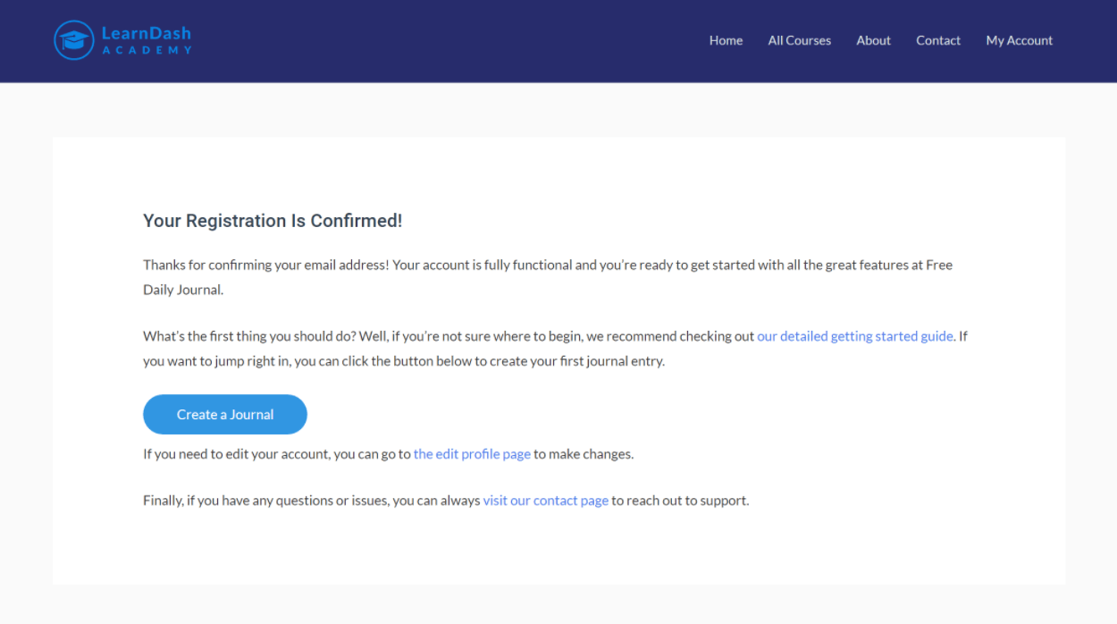 WordPress email confirmation page on front-end