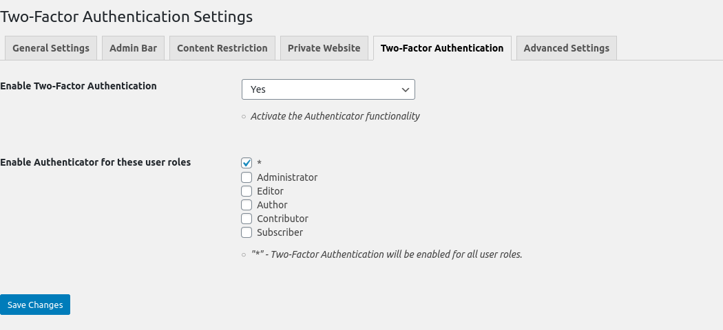 Two-Factor Authentication Settings Tab