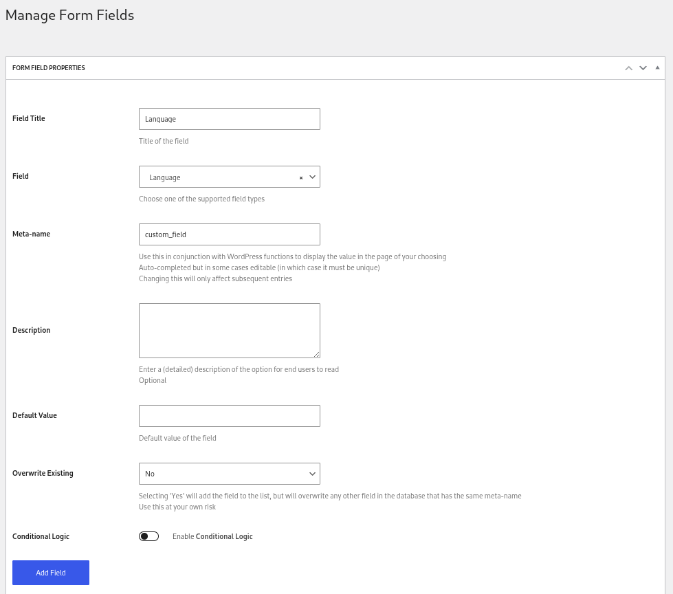profile builder form fields language field