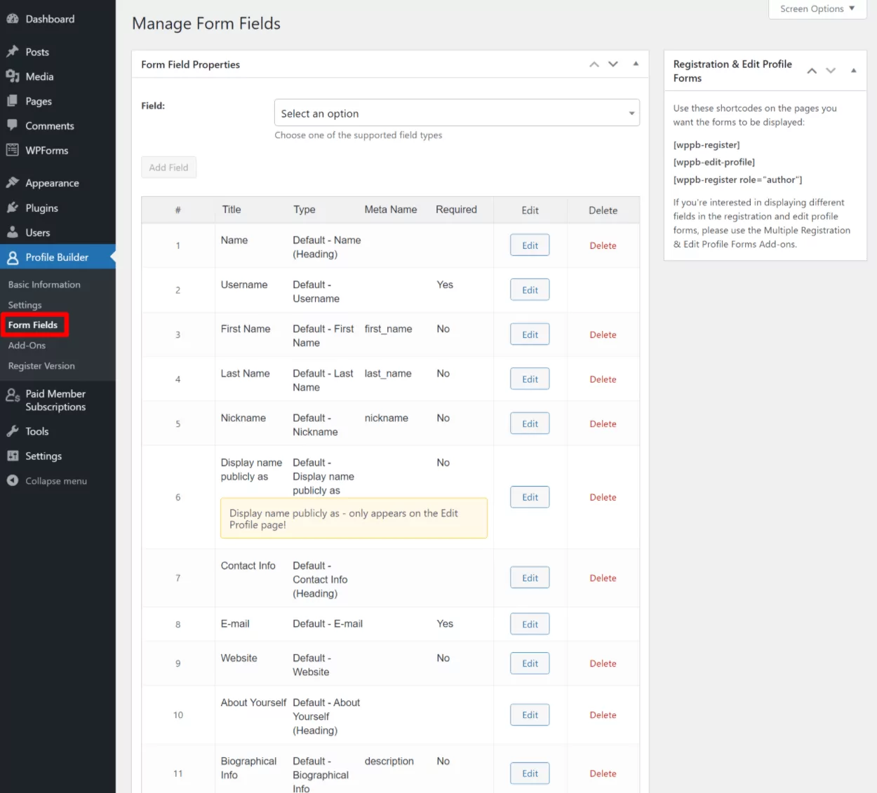 Customize registration fields