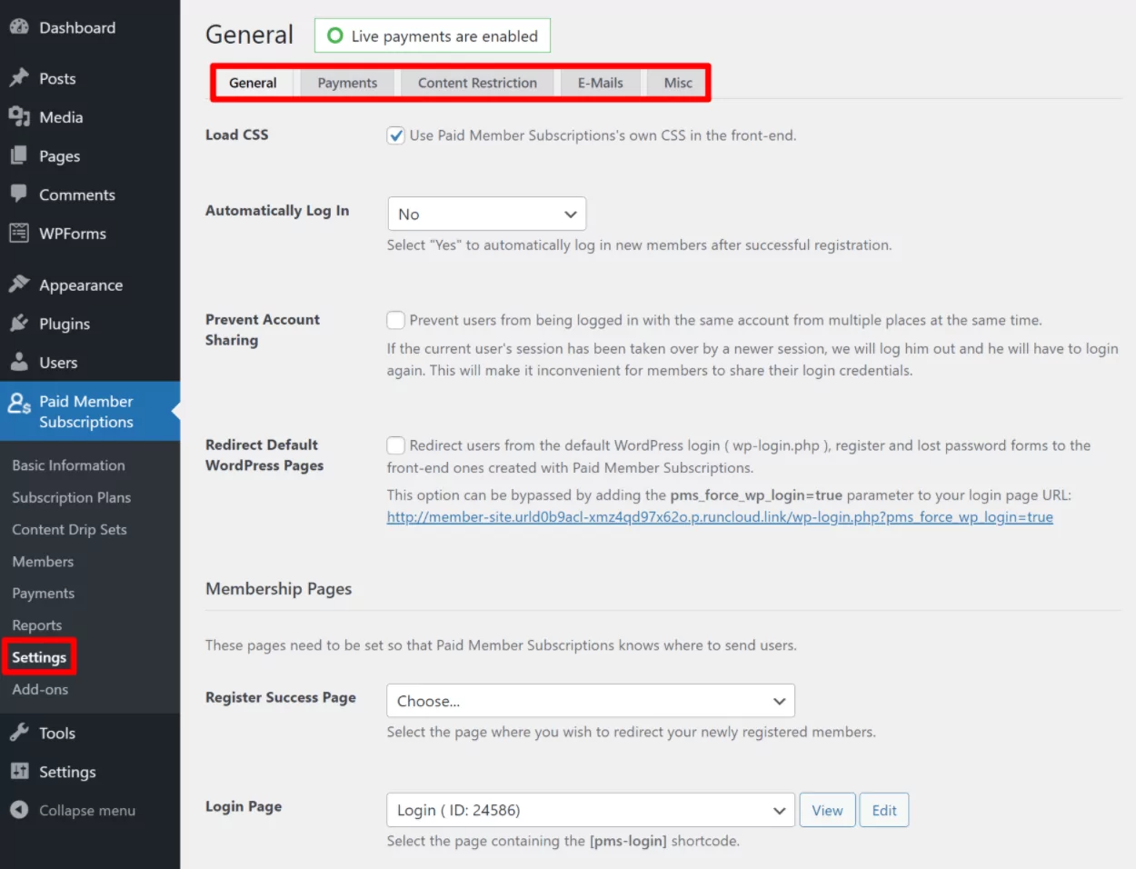 PMS settings area