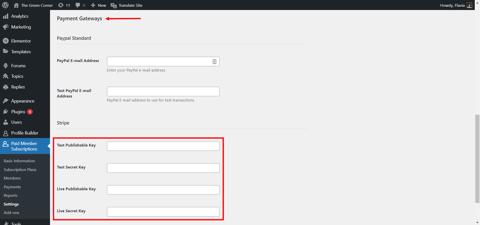 Adding Credentials for Stripe Payment Gateway