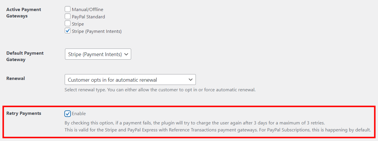 Enabling Retry Payment Option