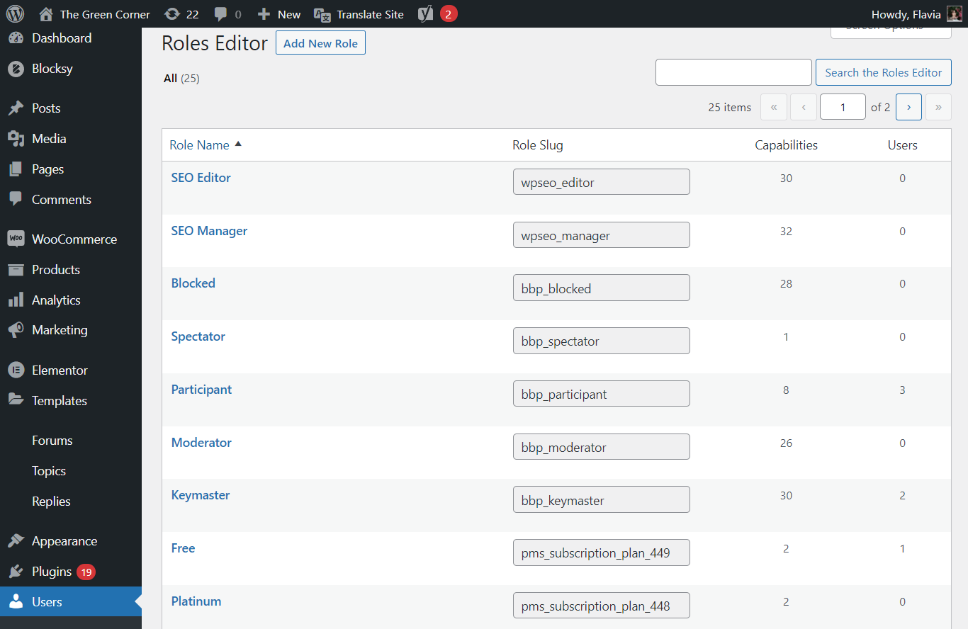 User Roles Editor Page