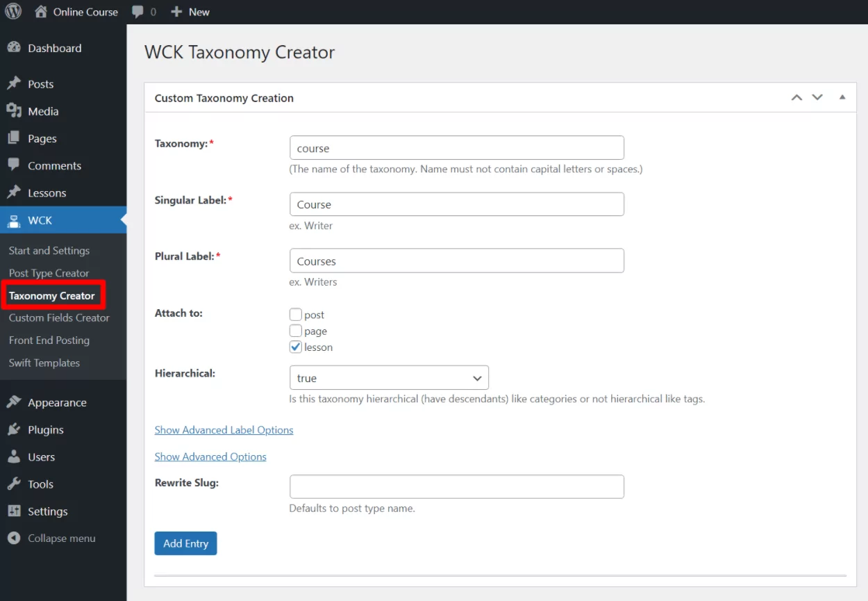 Creating custom taxonomy for course