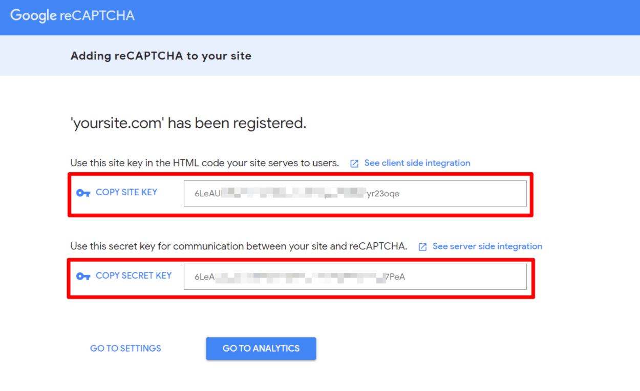 reCAPTCHA keys