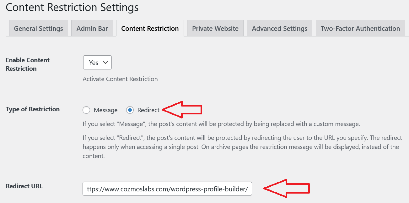 Default redirect settings