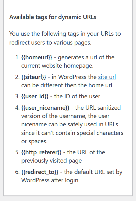 Tags for creating dynamic redirect URLs