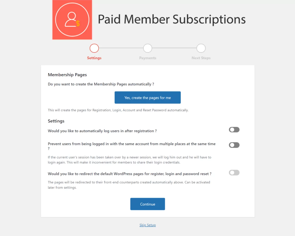 Paid Member Subscriptions setup wizard