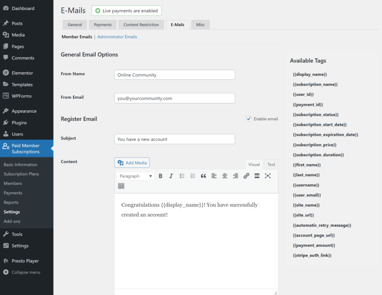 Configuring association website emails