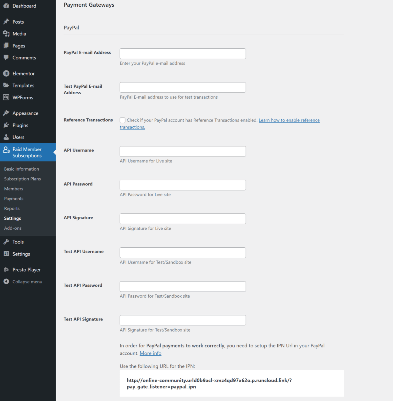 Configure payment API