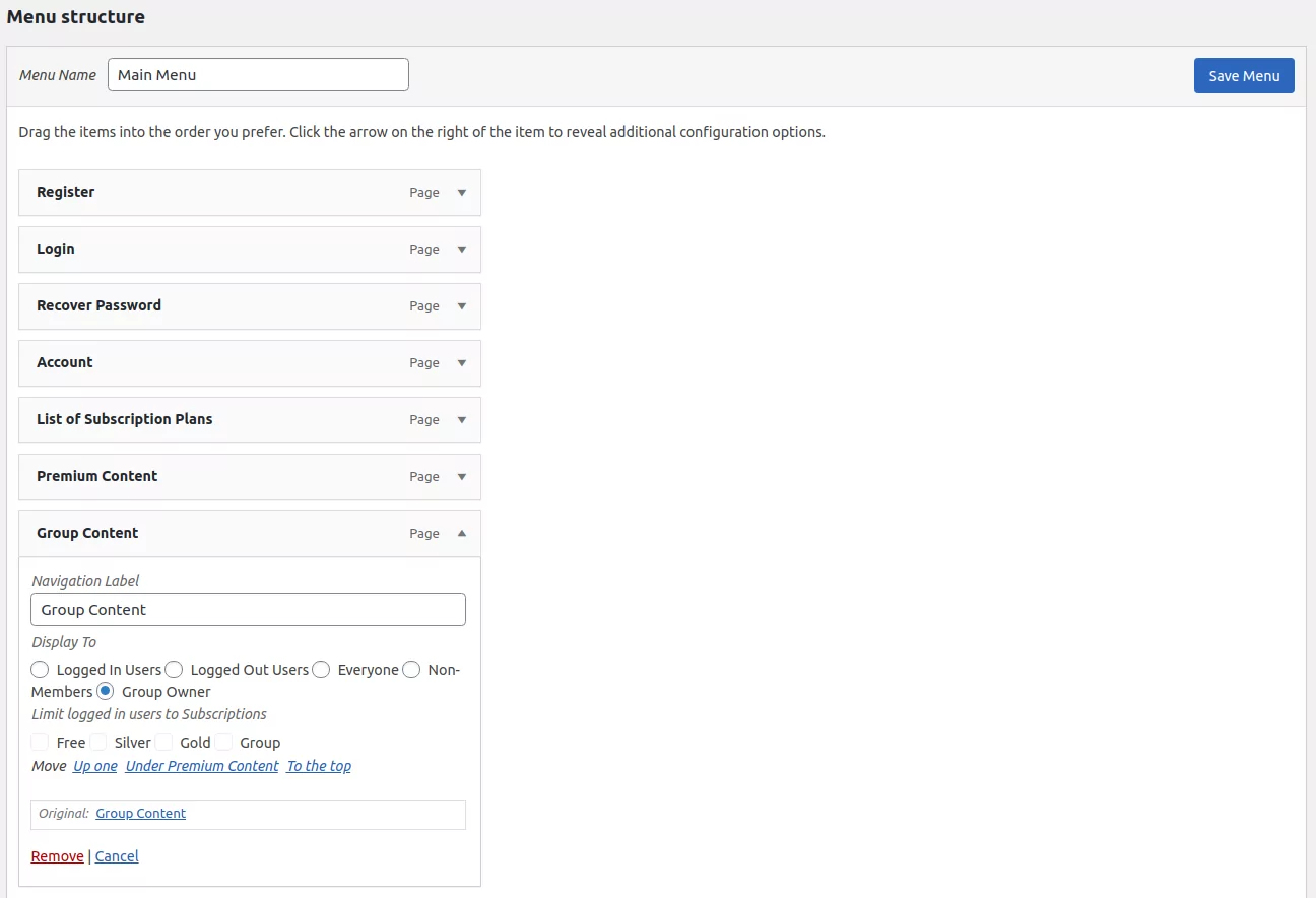 Paid Member Subscriptions Pro - Navigation Menu Filtering - Group Owner User