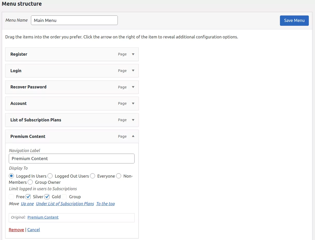 Paid Member Subscriptions Pro - Navigation Menu Filtering - Restricting Premium Content Menu Item