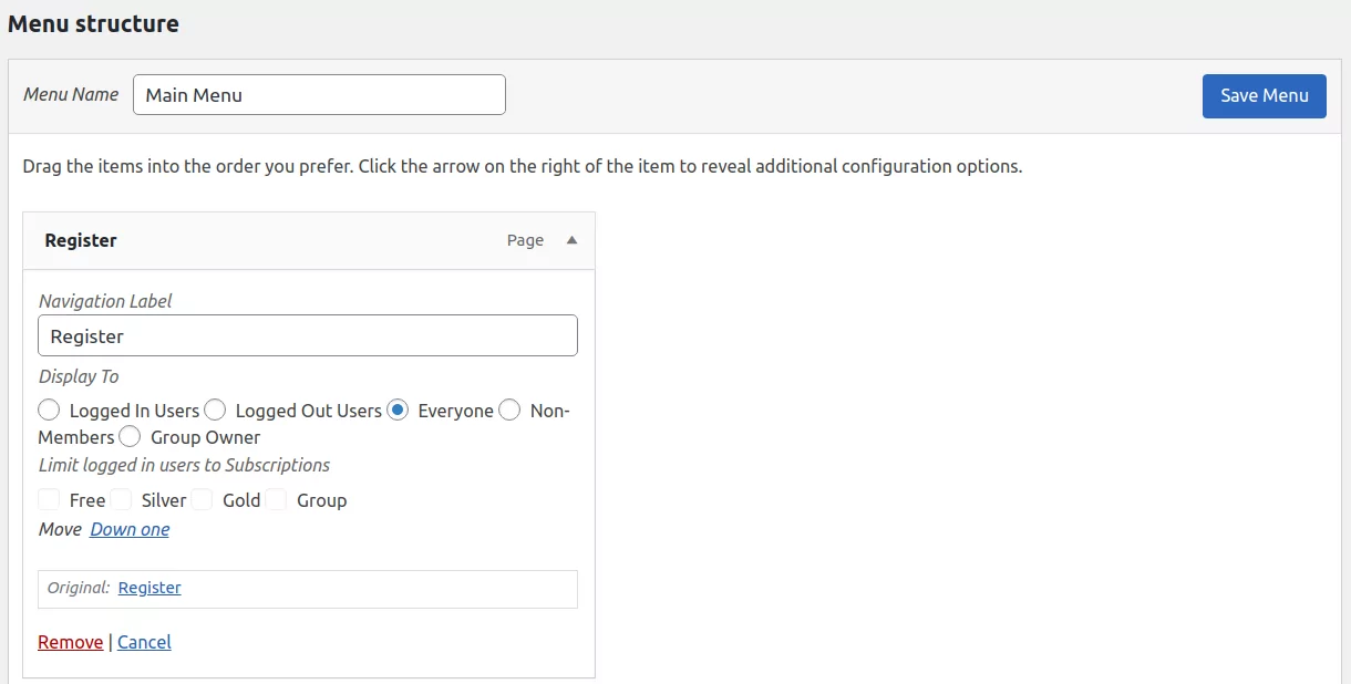 Paid Member Subscriptions Pro - Navigation Menu Filtering - Settings