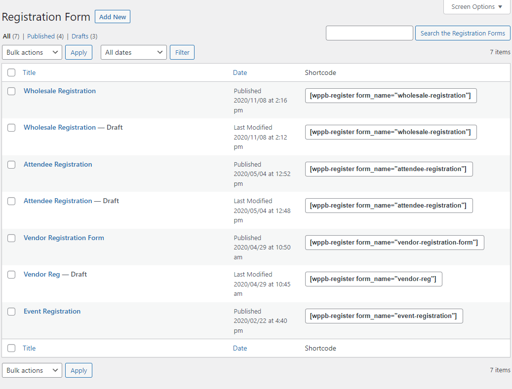 Multiple registration forms